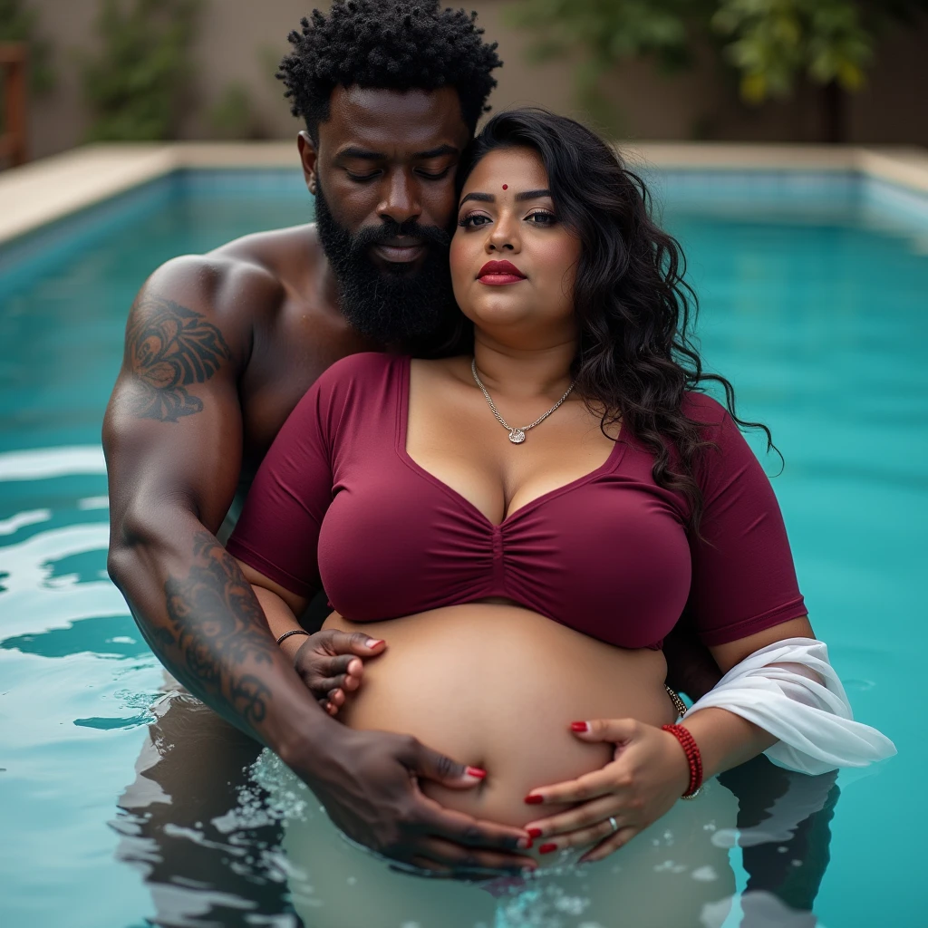 in 405 A.D, 5 big black daddy, short royal afro hair, fulll grown facial hair, charcoal dark skin, very well built body muscular with a muscular belly like a minatour shirtless, super hairy, has visibly big nipples inside roman bath with ruin, hands on his pregnant roman 1 wife belly, white skin, hair is wet, both wearing anicent swimming pants