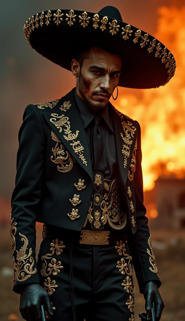 A man with a face all burned like Freddy Crugher by fire full of scars with hoop earrings black mariachi hat with gold edges , black jacket with gold embroidery with 2 pistols black pants with gold embroidery black shoes ,piercing and fierce full body gaze shooting to the left side with revolvers pointing to the left