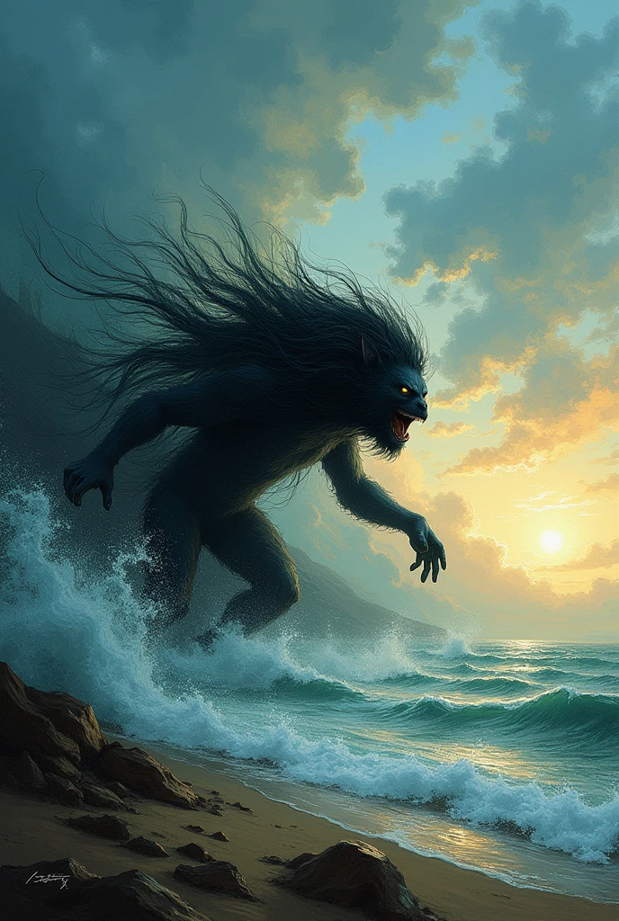 Powerful monster with long black arms and long black legs with souls in the center of him he is giant in front of the sunrise he is walking through the beautiful sea,o monstro é magro ,ele é negro,e ele não tem rosto e ele é assustador mas ele está calmo 