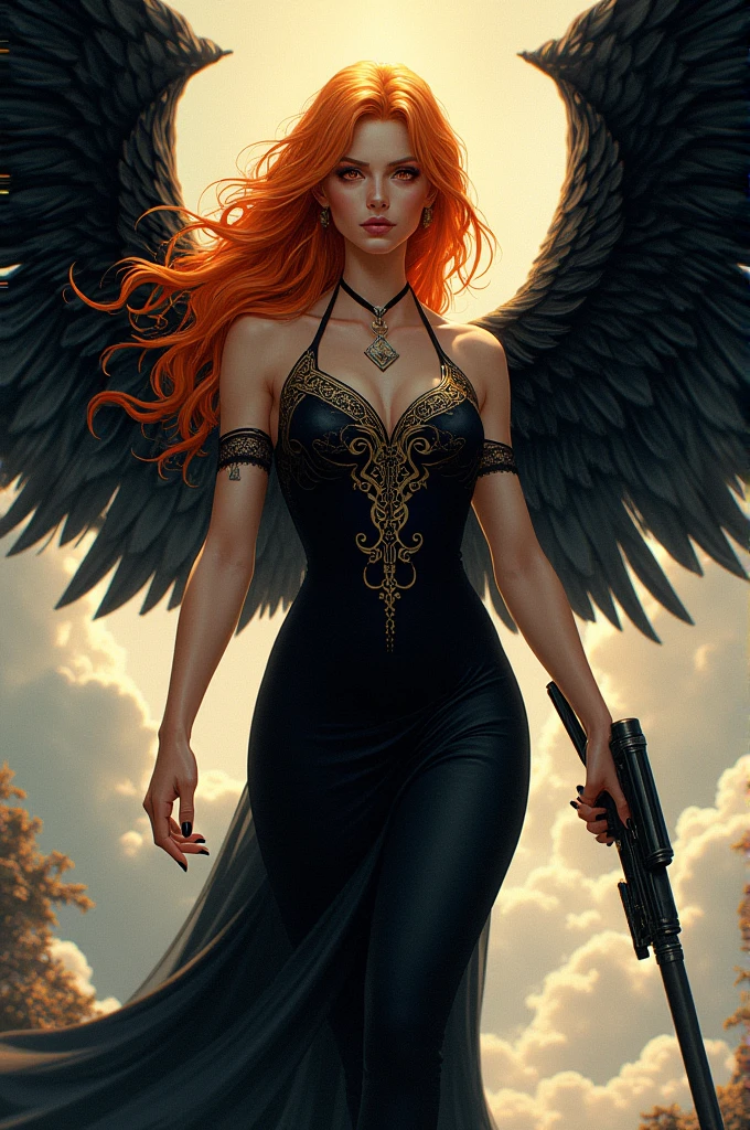 An attractive and provocative evil fallen angel tattooed Russian female with massive tits naked, con grandes alas angelicales de color rojo y negro, pelo rojo largo y suelto mecido por el aire, pose atractiva y provocativa, pale thin,vestido corto y suelto de color oscuro, Vaina expuesta, oficial militar, sentado en el suelo en movimiento por las calles en ruinas de una ciudad apocaliptica en llamas, rodeada por el humo y la niebla, tras una gran batalla.