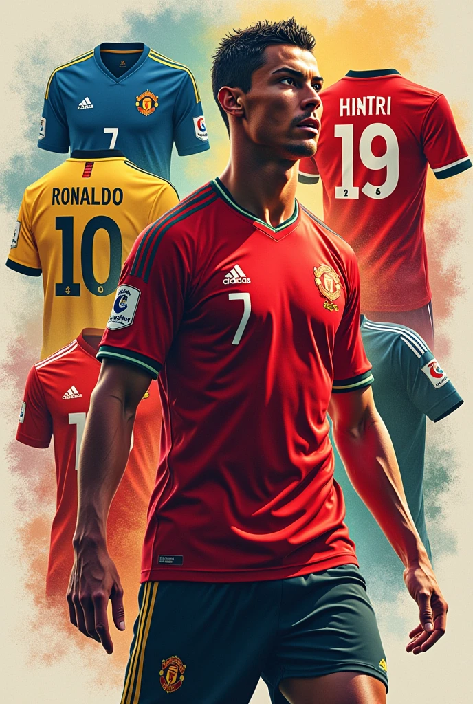 Cristiano Ronaldo, with a background in the sky with the shields of Real Madrid, el manchester united, juventus, the sporting of lisbon , Al Nassar and the Portuguese national team where he played and won 900 goals, Leave him the number 7 