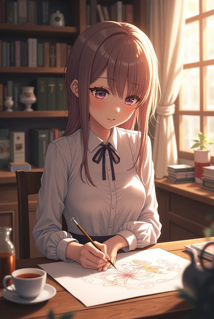 Brown haired woman. Looking straight into the camera. Working with scissors and paper on a table. Varioa objeyos of office on the desk. A window behind shows a bucolic view. Magic time.