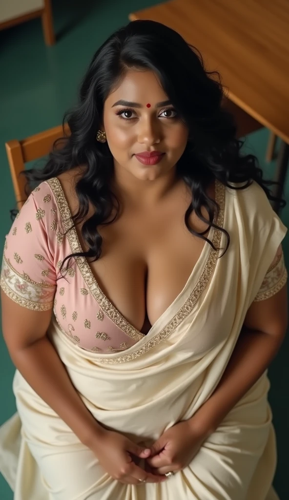 phone photo of an medium size 18 year old Indian girl in the office, deep cleavage, uploaded on snapchat