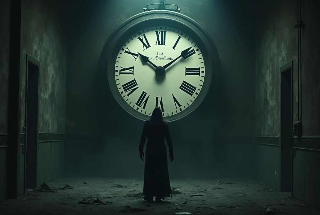Generate an image showing a large wall clock, with its gears visibly exposed and showing a threatening aspect, as if it were a predatory beast. instead of numbers, the clock face may have framed portraits of past generations, each aged and partially consumed, suggesting that time has "devoured" these generations. Ao fundo, a family may be present, in poses that convey the feeling of loss and the passage of time, with melancholic or reflective expressions. A imagem, Thus, conveys the idea that time, symbolized by the clock, is a relentless force that consumes generations of a family.