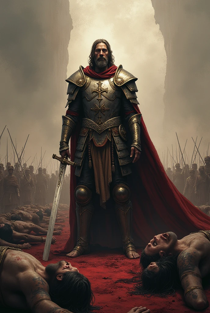 Paint me a picture of faint smiling blooded at he's knees king shot by dozens of arrow with a background of a burning kingdom hall with mountain of dead knights at he's feet