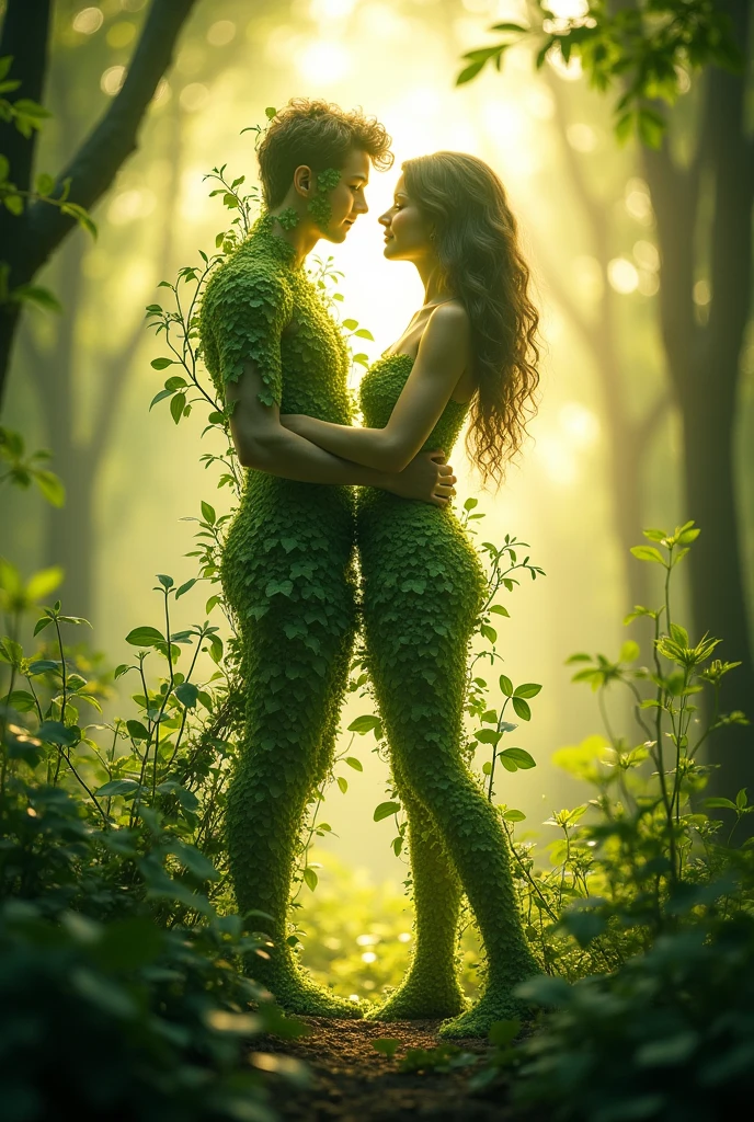 A couple of 13-year-old lovers, the same height, naked and embracing, in a forest of ferns with a blue sky and white clouds in the background, with their feet bare under the thin grass. They are in a loving and intimate pose and with a look of pleasure. They are sensually embraced and completely naked and barefoot under the thin grass, standing head to toe barefoot in a forest of ferns with a blue sky and white clouds in the background. The boy must have an erect penis and a muscular chest. and the girl must have a vagina. The boy and girl must have a slender body and the same height. The boy and girl must be completely naked and hugging each other.