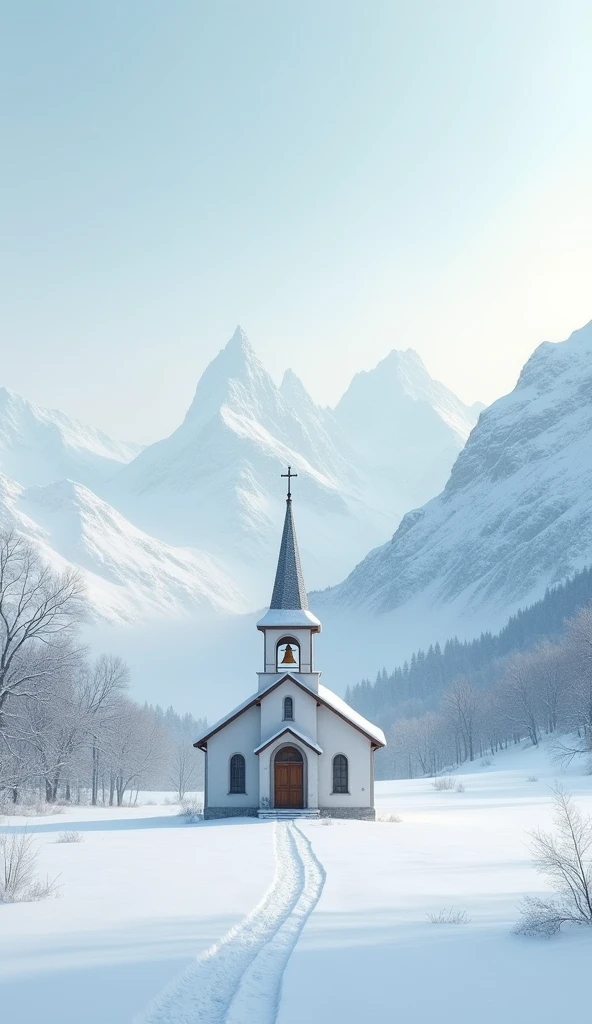 A serene photograph of a small church standing alone in a vast snowy ...