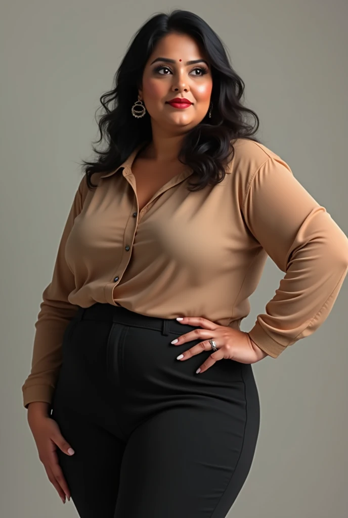 50 year old, female, Indian, light brown skin, curly short dark brown hair, bush like black pubic hair, big expressive eyes, light brown pupil,  smile, looking at the viewer, very fat body, big fat belly, big fat thighs, formal shirt, shirt tucked in, few shirt buttons open, blazer on top of shirt, pant, standing, office