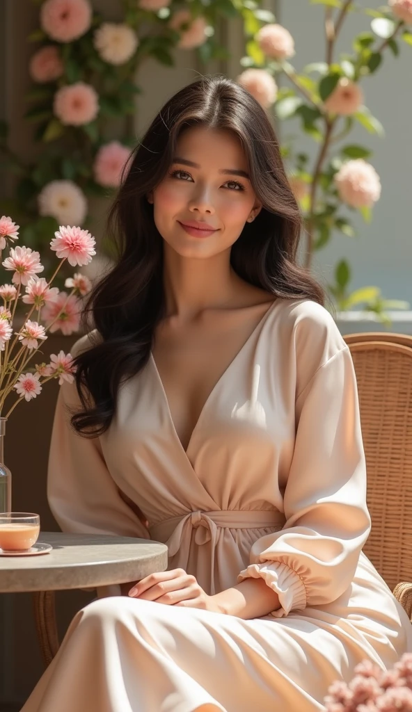 a beautiful woman in an expensive dress eats, brings a spoon to her mouth, smiles, there are fruits and herbs on the table, realistic photo, high-resolution photo, photo, with detail work, high quality,