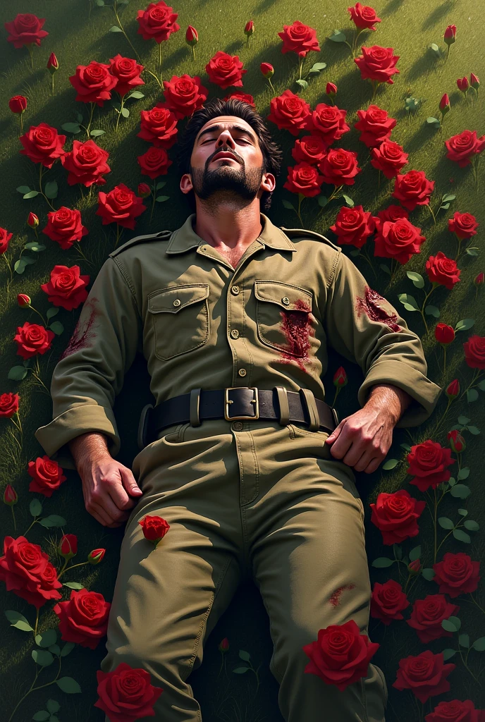 A wounded soldier lying on grass. He's shot in his chest and his eyes are shut 
The atmosphere around him is pleasant and beautiful 