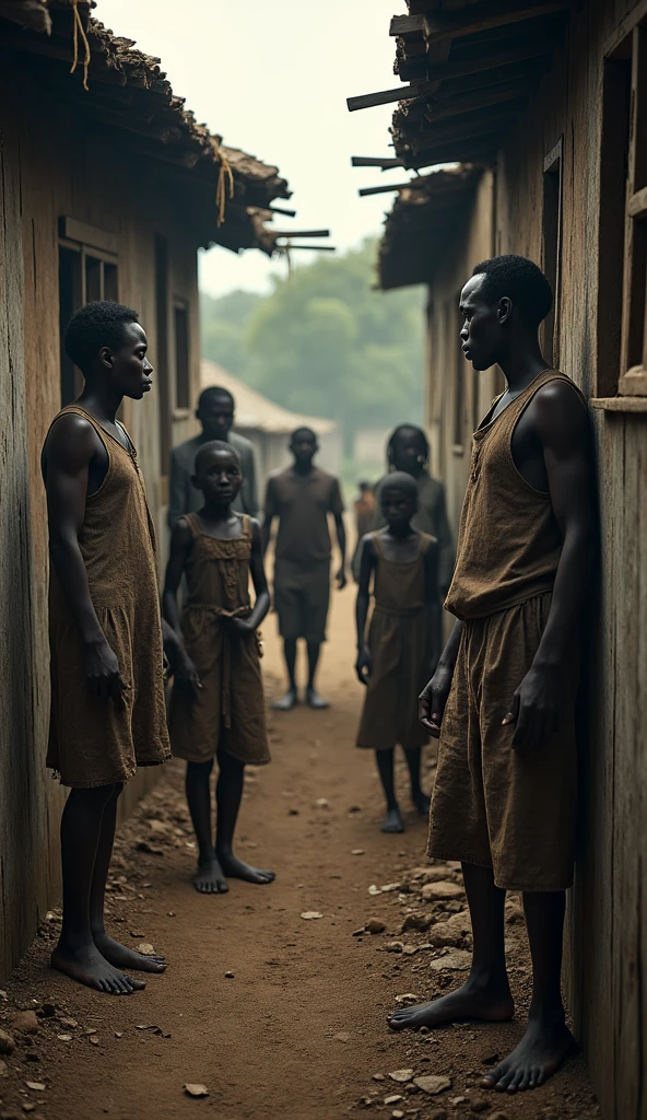 Five half-naked African slaves tied with a rope, descendant un escalier, tristesse dans les yeux, Whole naked body chained with wrought iron chains, no clothe, pas de coiffe, cheveux noirs, Dynamic scene from the movie Amistad, looking at the 50mm camera, Realistic photo HD, Diffuse light, Rebel Republic Environment, , hyper detailed, Whole size, Plusieurs hommes et femmes esclaves debout, loin cloth, esclaves, Himba, corps entiers, all are chained, chaines en fer, Hands tied with a large rope, Homme africain, Enslaved humans, Screenshot of movie 300, Samuel Jackson, africain, The man has black skin, Scene from the movie Amistad, dark-skinned, pagne