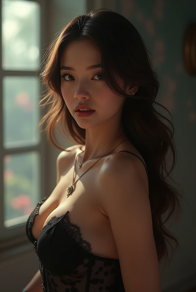 [Create an image of a girl with black hair and blonde highlights around her head and black smoky eyes and her naked body provocative and sexy