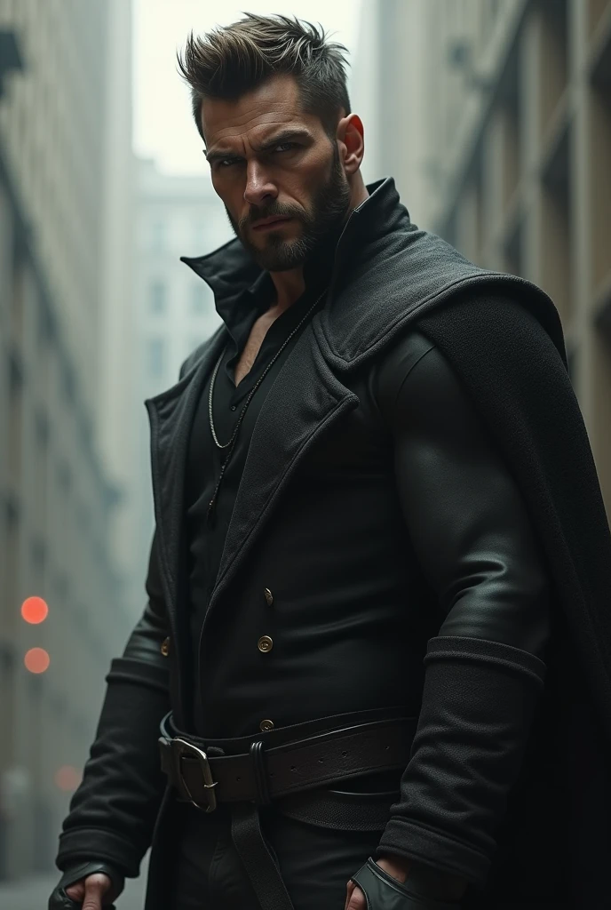 Kael is a tall man, Muscular and imposing, with black hair combed back, intense blue eyes and slightly tanned skin. He has some discreet scars that show his experience in battles.. Your posture and serious facial expression convey confidence and respect. show off your body Kael wears a sturdy linen shirt and a lightweight leather vest for flexibility and basic protection. Its wide cotton pants and robust leather boots guarantee mobility and comfort. He wears a leather belt with pouches for essential supplies and a thick wool cape for weather protection and camouflage..