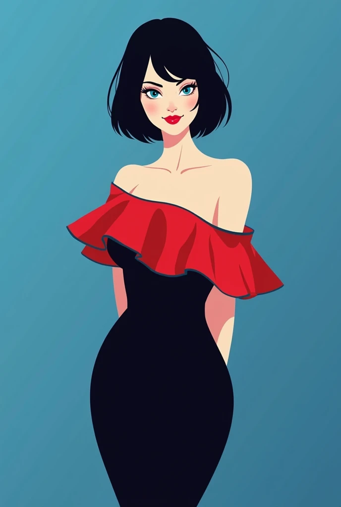 Vector illustration, girl, cleavage, minimalist, flat color , A Female with bob black haircut with blue eyes and Red lips, bare shoulders, red dress, taut dress, spaghetti strap red dress, sleeveless, medium breast, standing in her bedroom, 1 girl, solo, close up portrait, looking at viewers, seductive smile