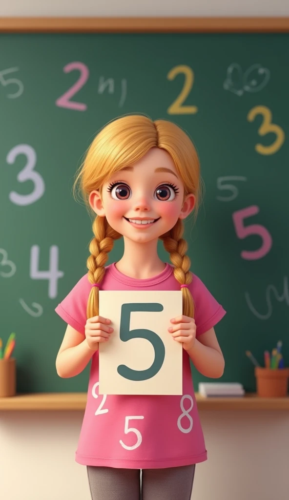 5 year old girl disney style , Blonde hair with brown highlights long curly, Tender brown eyes, angelic smile, white v-neck shirt, red and navy blue short sleeves, sitting at a desk with an abacus, books and an apple in a 2nd grade elementary school classroom making a Korean heart with index finger and thumb 