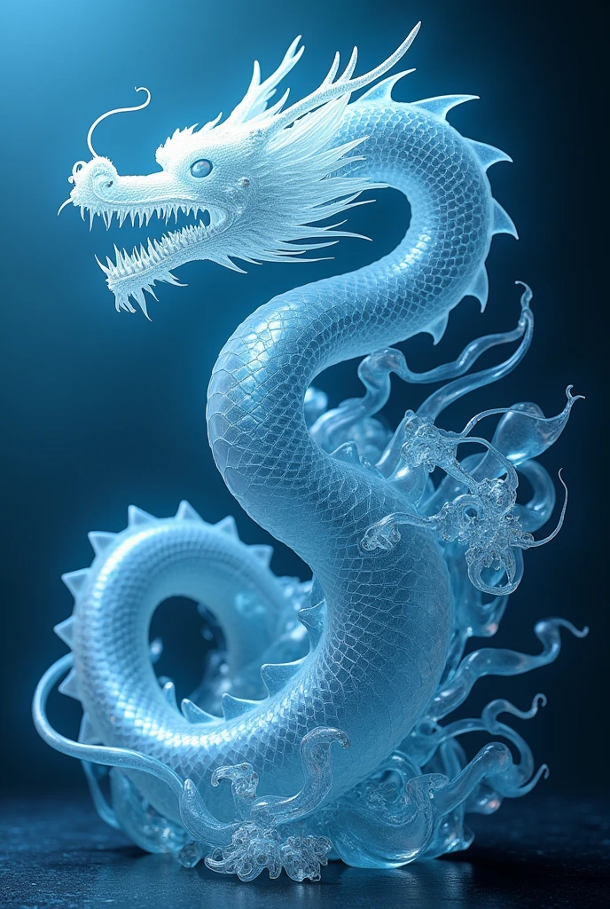 A bubbl3dr4g0n style highly detailed digital artwork featuring a fantastical, dragon-like creature set against a pitch-black background. The dragon is composed primarily of a textured, translucent blue substance that resembles a mix of ice and foam, giving it a soft, ethereal quality. Its body is sinuous and coiled, with a long, curling tail that winds around itself. The creature's head is prominently displayed, showcasing a menacing expression with sharp, glowing red eyes and an open mouth revealing sharp, jagged teeth. Long, flowing, white hair-like structures cover the dragon's head and neck, adding to its mystical appearance. The dragon's body is adorned with numerous large and small bubbles of varying sizes, which are also made of the same translucent blue substance. These bubbles are clustered around the dragon's limbs and body, creating a sense of movement and fluidity. The bubbles range from large, spherical ones to smaller, more delicate, bubble-like structures, adding depth and texture to the image. The overall style is highly detailed and realistic, with a focus on the intricate textures and forms of the dragon and bubbles, making it appear almost three-dimensional. The contrast between the dark background and the glowing, illuminated areas of the dragon and bubbles enhances the dramatic effect.