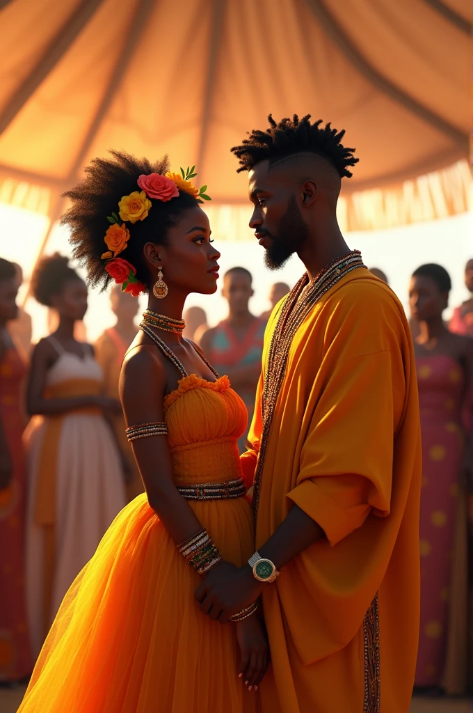 Generate an image where a beautiful young black lady with Afro with a very handsome black man is introducing her friend another young beautiful black lady to the man. It should be in a form of conversation, they shouldn’t be close to each other at all in an African setting. The man shouldn’t be holding any of the women 