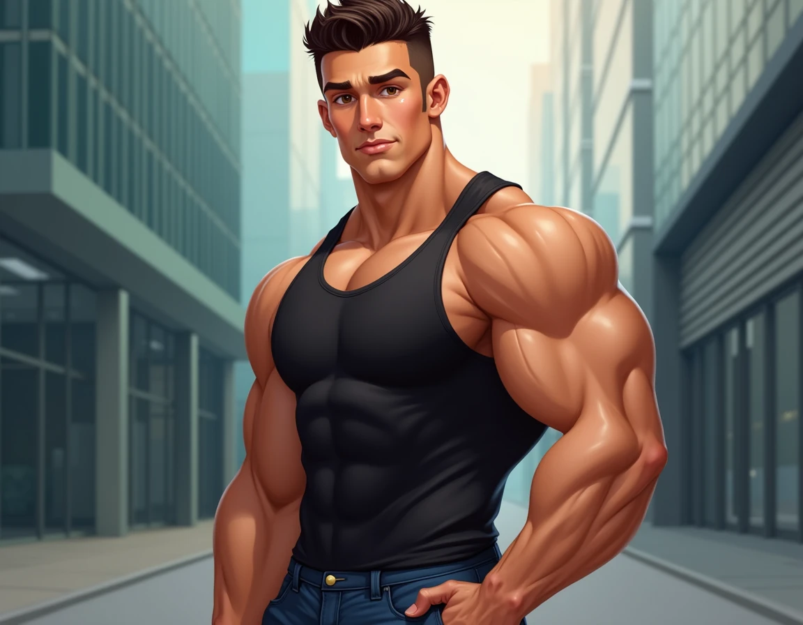 (1man),
muscular, brown eyes, casual clothes, handsome,[nerd:0.4],wearing a tight tank top, dynamic,wearing a tight short, big bulge ,(intricate details, Masterpiece, high quality, best quality)