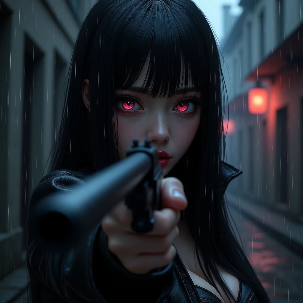 Yuri  with black hair and red eyes in action at spy and family in anime style with both knife in hands hidding her face only her red eyes glimmering at dark city light