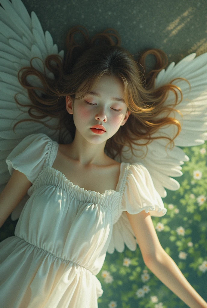 A girl, long hair, eyes closed, ribbon, expressionless, lips slightly open, white dress, shoulders exposed, head up, legs exposed, barefoot, flying, side, dark room, dark background, dark tone, depth of field, panorama, far view, character picture ratio 1:3, wings of an angel, wings of another angel on the ground, shadow, darkness