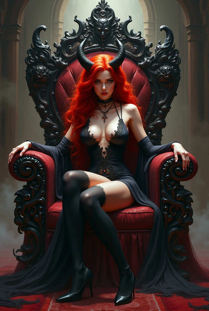 PERFECT MASTERPIECE, EXTREMELY DETAILED CG UNITY 8K UHD QUALITY RESOLUTION WALLPAPER, PHOTOREALISTIC, OFFICIAL ART, PROFESSIONAL CINEMATIC LIGHTING, AWARD-WINNING PORTRAIT, PROFESSIONAL FILM QUALITY, OCTANE RENDERINGA redheaded hot vampire looks you int the eyes (eye contact) with horns, böses (angseinflösend, sexy) lächeln, blutig, tattooed sitting on a throne (big throne), dracula kleid. Gloomy surroundings, Nass, dreckig, nuttig. camera from below
