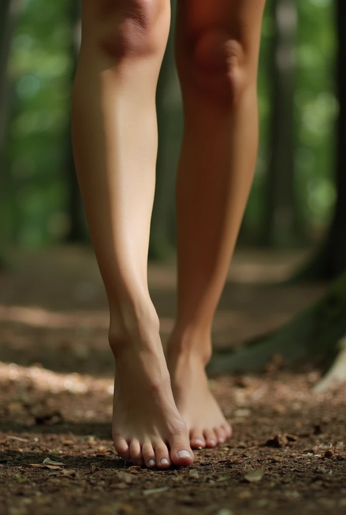 a beautiful blonde woman with long straight hair, light eyes, thin and with good curves, completely naked, looking full-length and realistic, with her legs open showing her vagina, with a forest background