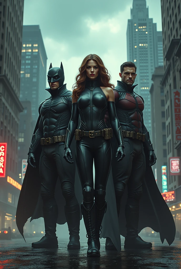 Bruce Wayne in the style of American comics design. He wears a black shirt and jeans. The honorable sun wears black sunglasses. Next to him are beautiful women wearing attractive dresses.