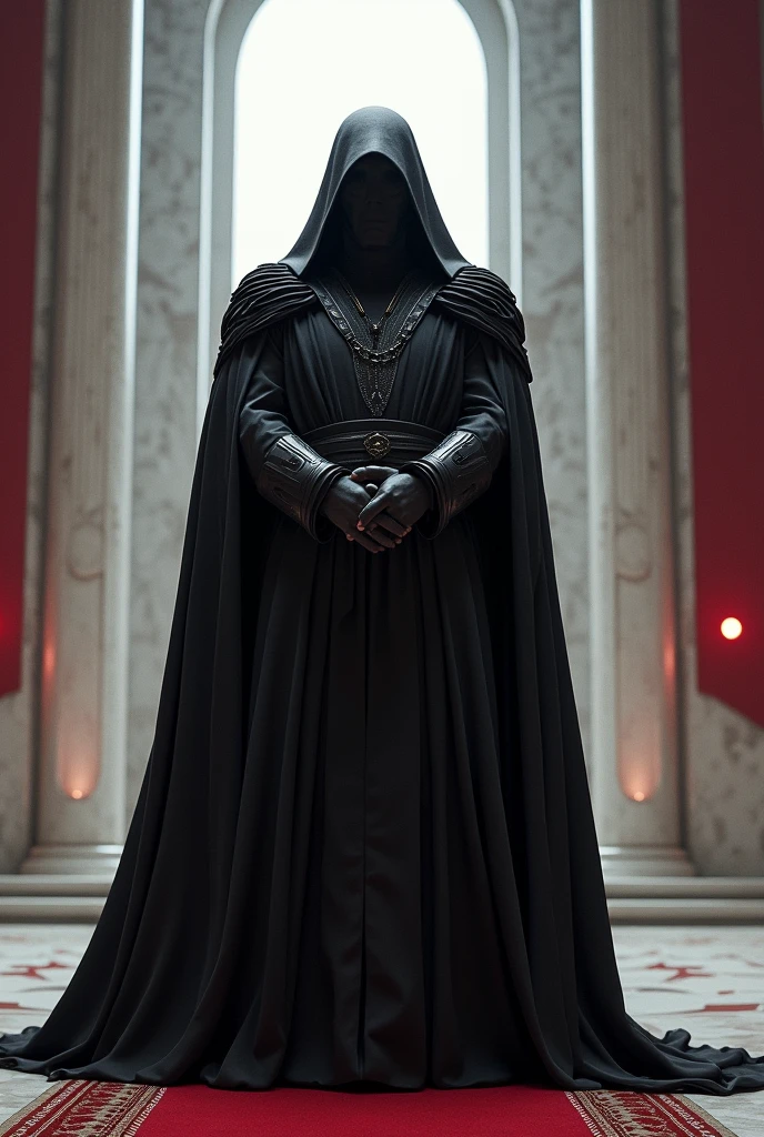 Create a man in a black hood that hides his identity, killing a woman in front of the king