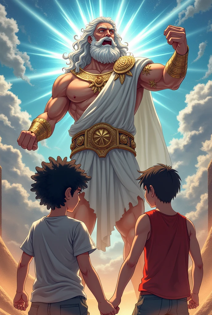 Bible David frail little boy, cabelos ruivos, with a sling in his hand and stones, enfrenta um enorme gigante Golias, imagem cheia de detalhes, sangue por todo lado, o gigante fica sem o olho, Davi luta com o gigante