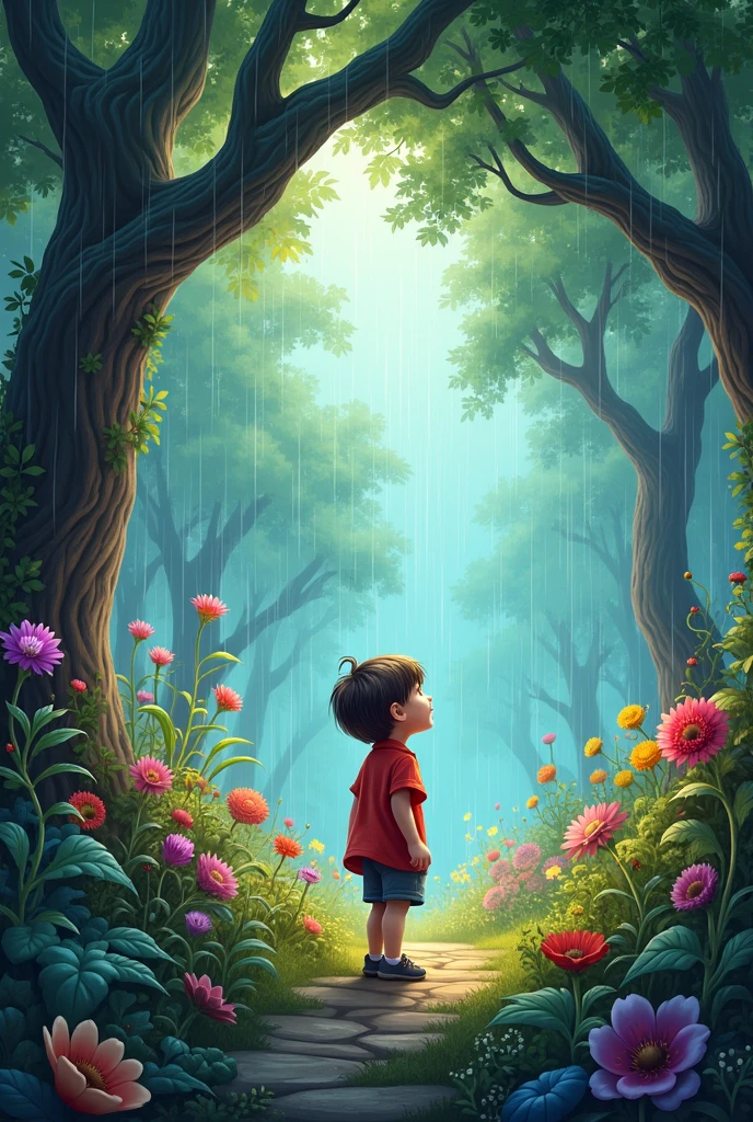a boy with black hair, black eyes, wearing a blue shirt and white shorts and white sneakers with a toy in his hand, magical transition to the enchanted forest, with vibrant colors and magical creatures.