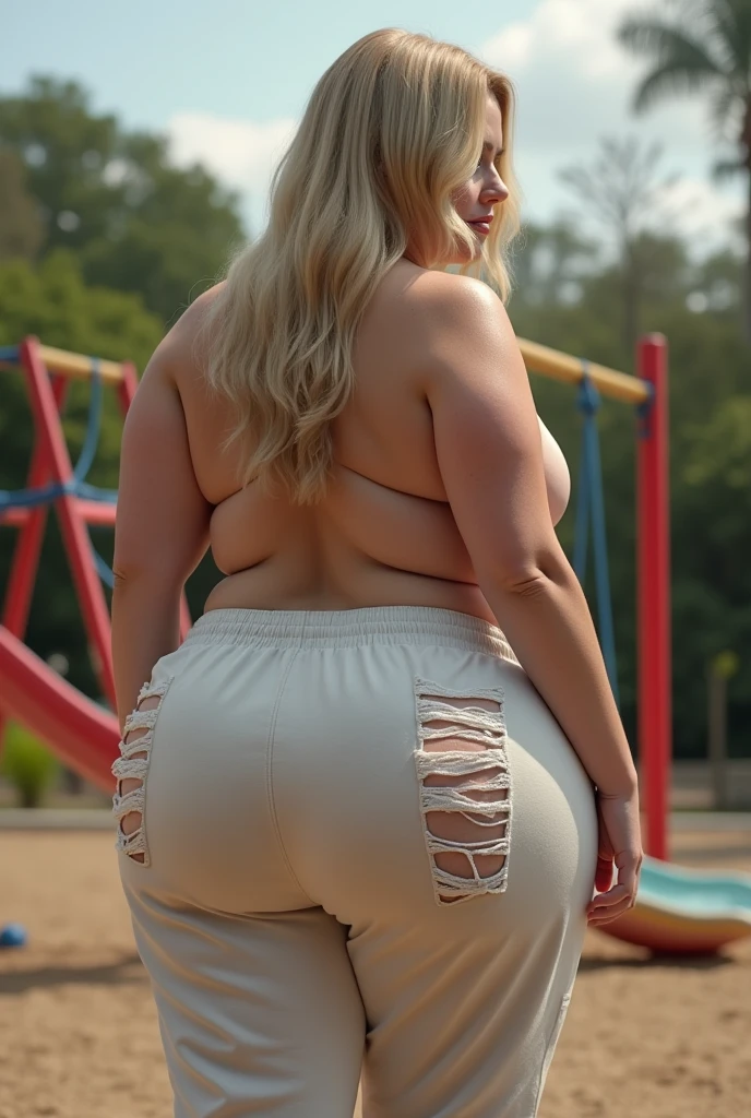 A beautiful young white girl sitting on wooden basketball court, is very fat, huge belly, very fat thighs and legs big boobs, naked, long wavy blonde hair, wearing nothing