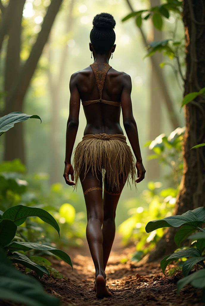A black woman walking naked in a forest