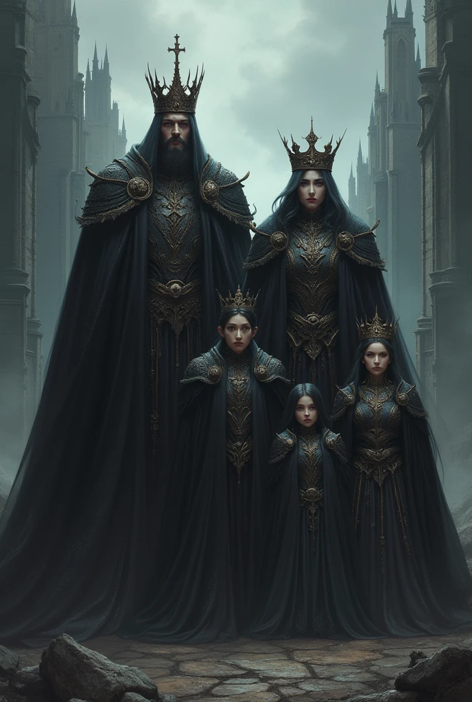 Create a gothic family portrait of a purple haired woman and a long black haired man with a braided chin beard, holding two blonde black dressed baby boys