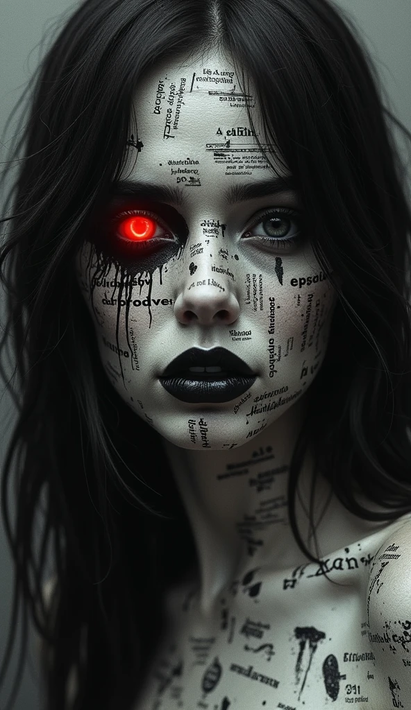 A dark and sinister female face covered in scraps of paper torn with words and phrases written in black ink creating a disturbing texture.
The left eye glows brightly in red , emitting a sense of mystery and threat .the skin seems to crumble and decay , with a surreal aesthetic and abstract details .
The atmosphere is sober with shades of black and gray and accents of dark red . dark hair falls around the face adding an air of darkness and drama
