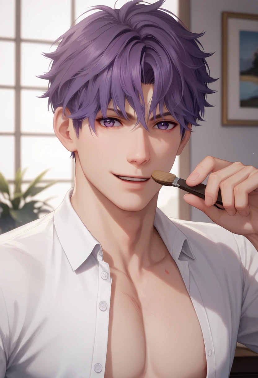 1 man, solo,, male focus, Raphael lnds, purple hair, purple eyes, short hair, hair between the eyes, bangs, waist-length pattern, white shirt with cleavage in the chest area, unbuttoned shirt, looks at the viewer, facing the viewer, a confused man, red cheeks, a man smiling sweetly against the background of a painting studio, a brush mark on the man's cheek facing the viewer, cinematic lighting is a real masterpiece of the highest quality