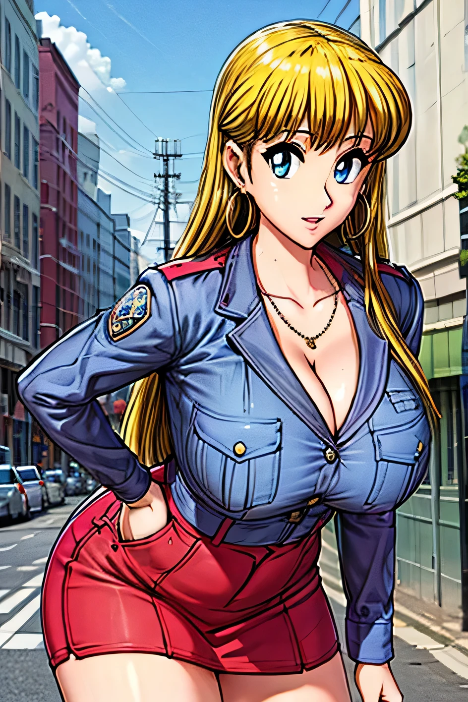 Very beautiful Reiko 、 long blond hair on background、 blue eyes、 eyelash 、 hoop earrings 、 long hair on background、Pink police clothes 、胸pocket、 cleavage、 clavicle 、 high waist skirt、 jewelry、 Long Sleeve 、pocket、 shirt、 stripe 、 striped sleeve 、Outdoor rest、City、null、cloud、 moon、 look at the viewer and take a break 、break ( Masterpiece:1.2)、 top quality、 high definition 、 Unity 8K Wallpaper、(shape:0.8)、( Beautiful Detailed Eyes :1.6)、 Highly Detailed Faces、 Full Photo、 highly detailed CG 、(Perfect move、 perfect anatomy)、's full body is shown