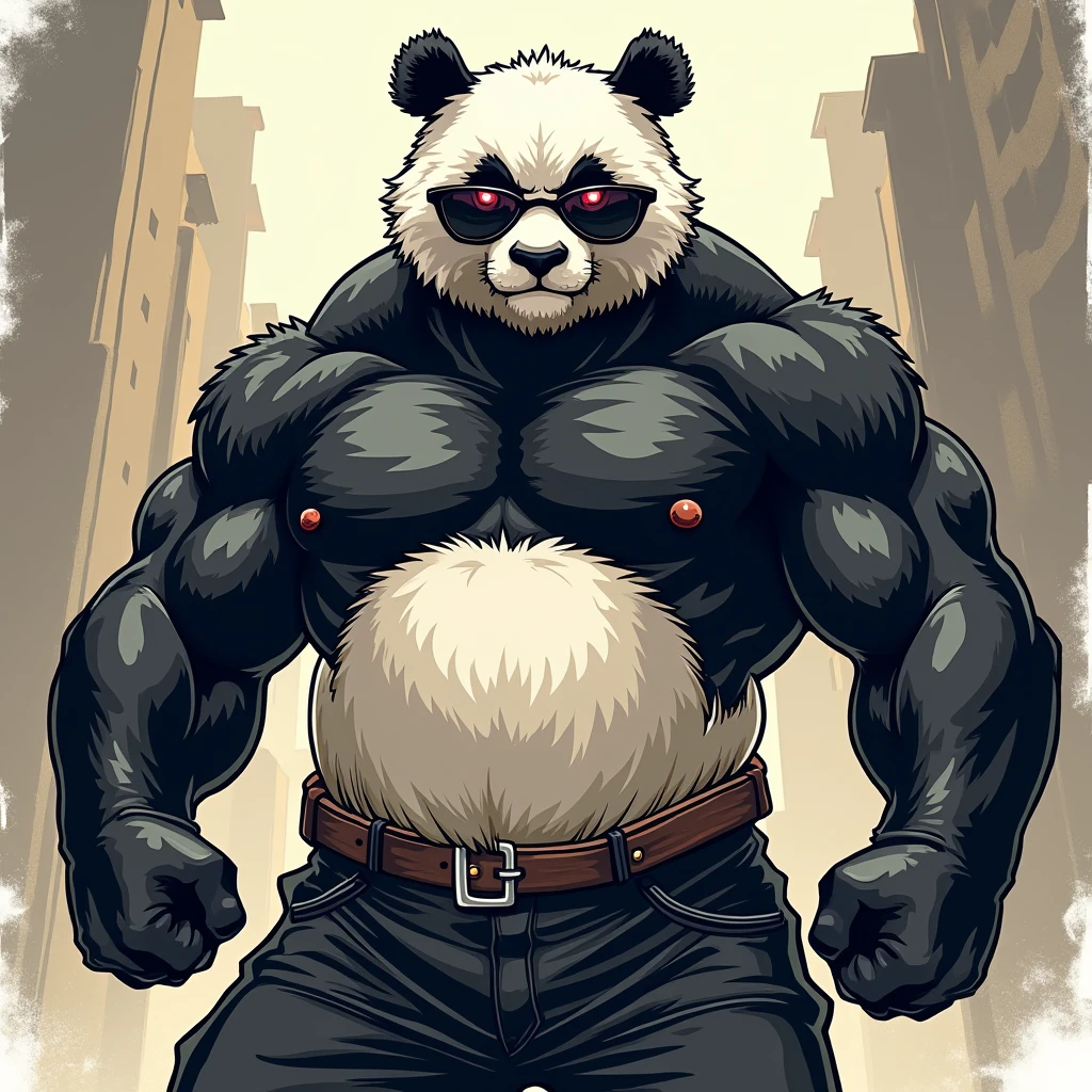 "Illustrate a realistic image of a muscular panda wearing a tight tank top, standing in a smoky room with multiple lit cigarettes in its mouth, exhaling a massive cloud of smoke that envelops it completely. The panda’s expression is stern and intimidating, exuding strength and confidence. The background is a dimly lit, gritty urban setting with heavy smoke filling the air and adding to the tough, no-nonsense atmosphere."