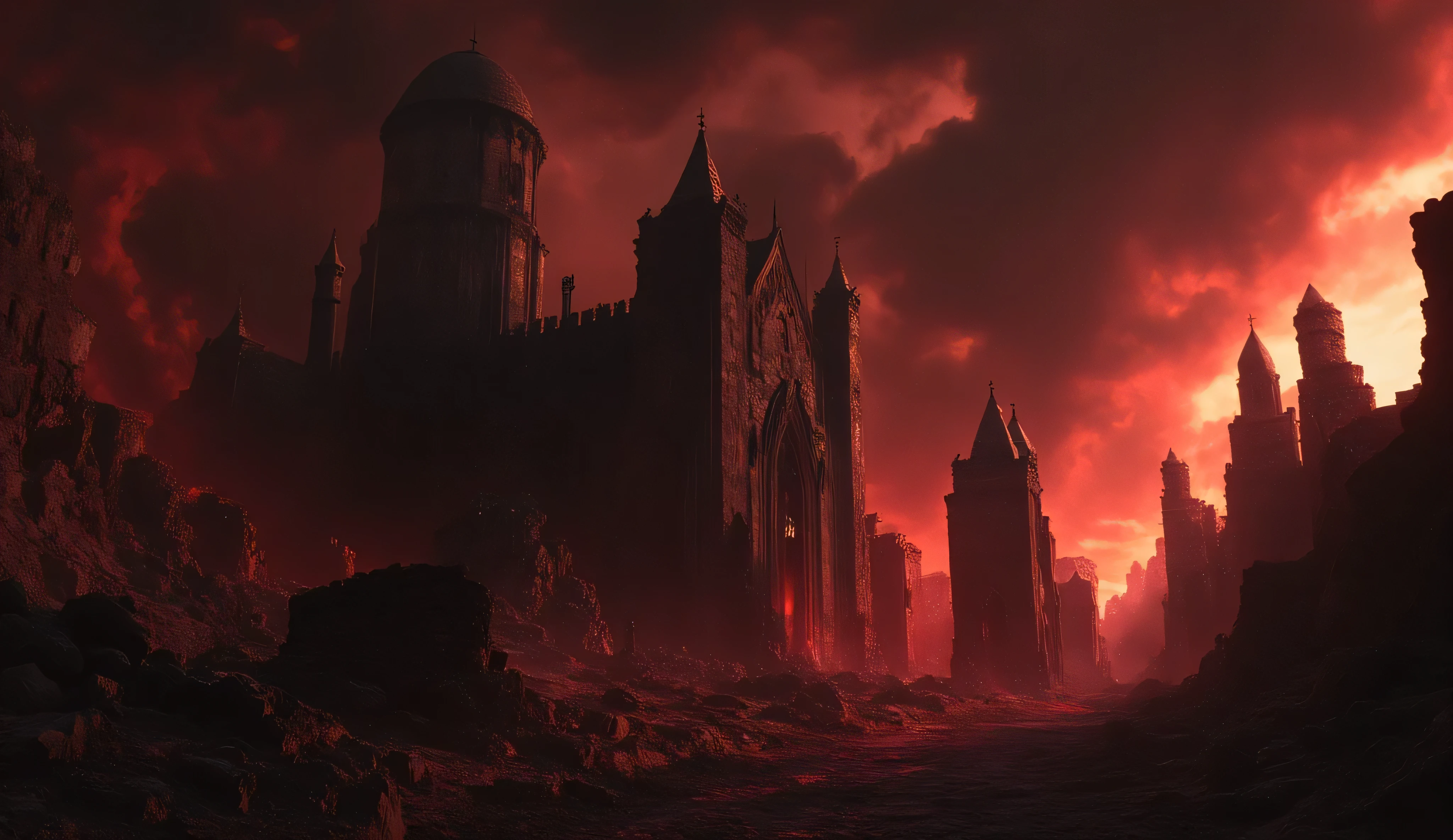 The black church of creepy sectarians. darkness, red light from the windows. Armageddon, the end of the world. Sunset. The ruins of the city are on fire. portals to hell, horror. Black clouds, the sky on fire.