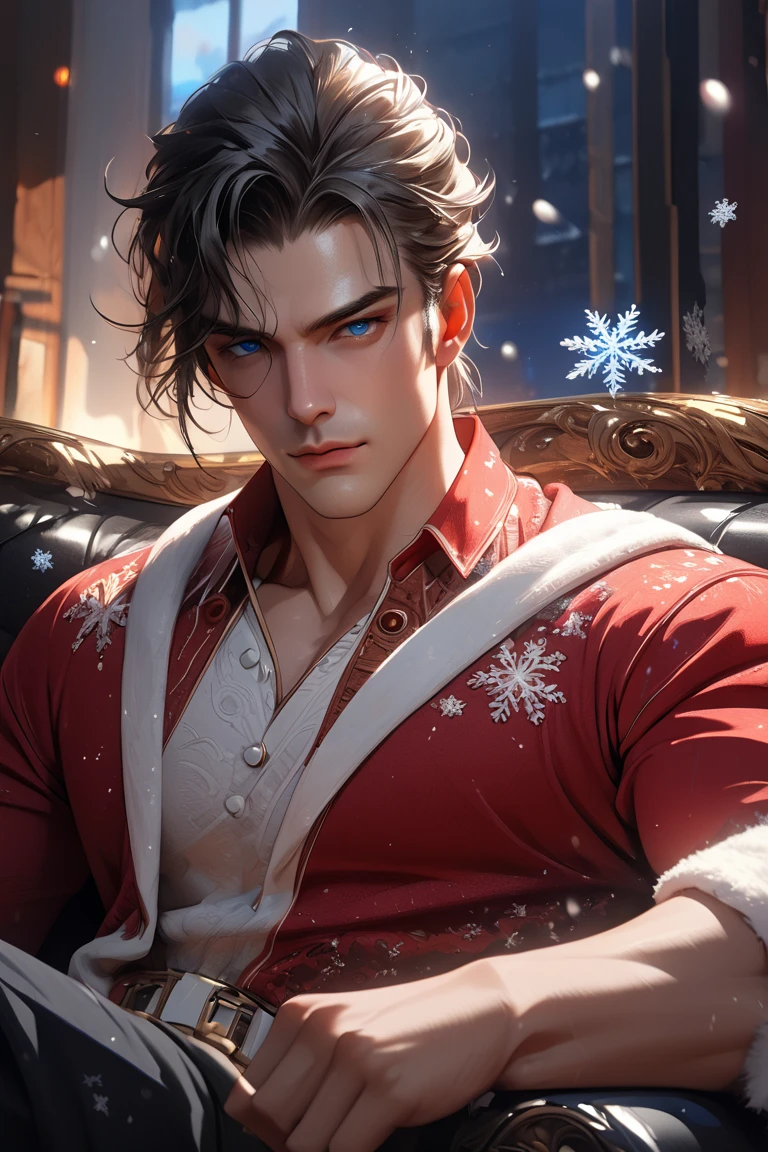 (((masterpiece))), (8k), (pseudo realism), (intricate details), (full focus), 1male, muscular (1.6), bright blue eyes with shining highlights, long and dark hair, pale glow on hair, fair skin, santa claus outfit with sleeves rolled up to elbows, living room background, soft light focus, smoldering gaze, realistic, snowflakes floating around, view from torso, sitting on a black sofa armrest, (EyesHD: 1.5), (masterpiece), (best quality), (ultra-detailed), (very aesthetic), (sharp focus), (depth of field), (vibrant colors), (ray tracing), (best lighting), detailed illustration), (detailed background), 8k, (cinematic), (beautiful face), (beautiful eyes), realistic facial features, detailed features, realistic features, defined features, detailed hair, semi-realistic style, semi-realistic, attractive features, masculine, dark colors, dark lighting, painted style, detailed style