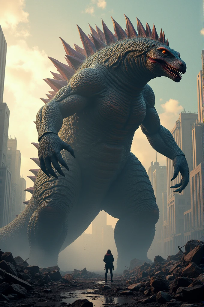 Come up with and depict a huge creature, combine Godzilla and Arnold Schwarzenegger in it, the creature should have more similarities with Godzilla, but it should also have the features of Arnold Alois Schwarzenegger, the resulting creature will be Schwarzilla, Schwarzilla huge towers over the houses of New York, an active scene, Schwarzilla goes through the streets and destroys everything in its path, Schwarzilla It is shown in detail, high resolution, 32k, masterpiece, difficult, cinematic,