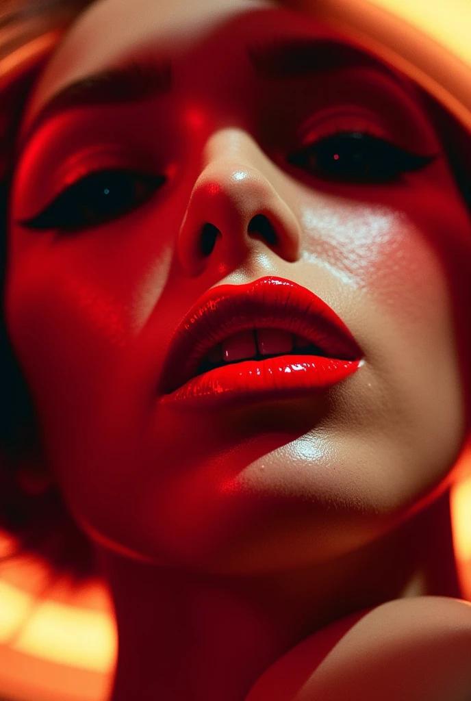 close up of face, red lip gloss, lips are very reflective due to a thick coat of gloss, latex costume, sitting in front of a ring light