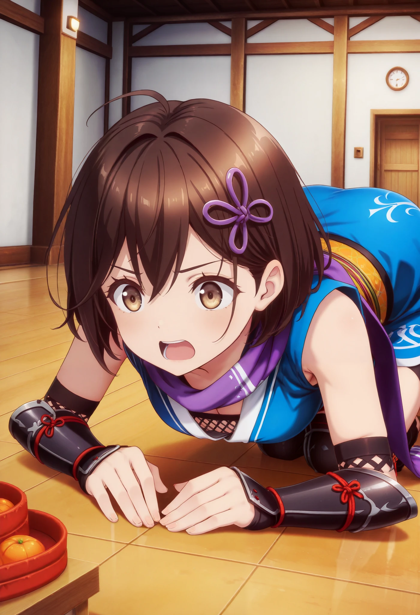  1 girl in uniform, Ninja,   Romancing Saga 2, Alone,
  Masterpiece , top quality, absurd, detailed skin, anime color , Anime Screenshots, Official Art ,
 brown hair ,  brown eyes,  short hair,  ,  shuriken headdress ,
japanese clothes, Purple scarf,  sleeveless,dogeza,
 Dutch Angle , whole body, Looking Ahead,  guilt, Gym,  open mouth