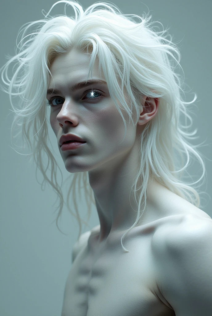 Pale man with long curly hair completely naked