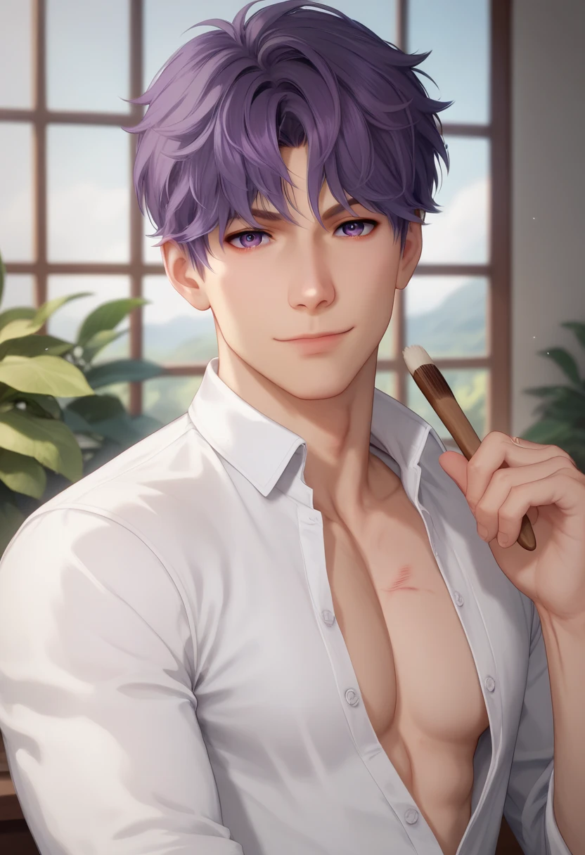 Realism, 1 man, solo, male focus, Raphael lnds, purple hair, lush eyelashes, long eyelashes, purple eyes, short hair, hair between the eyes, bangs, waist-length pattern, white shirt with cleavage in the chest area, unbuttoned shirt, looks at the viewer, face to the viewer, confused man, red cheeks, a man smiling sweetly, closed mouth, against the background of a painting studio, a brush mark on a man's cheek, facing the viewer, cinematic lighting is a real masterpiece of the highest quality