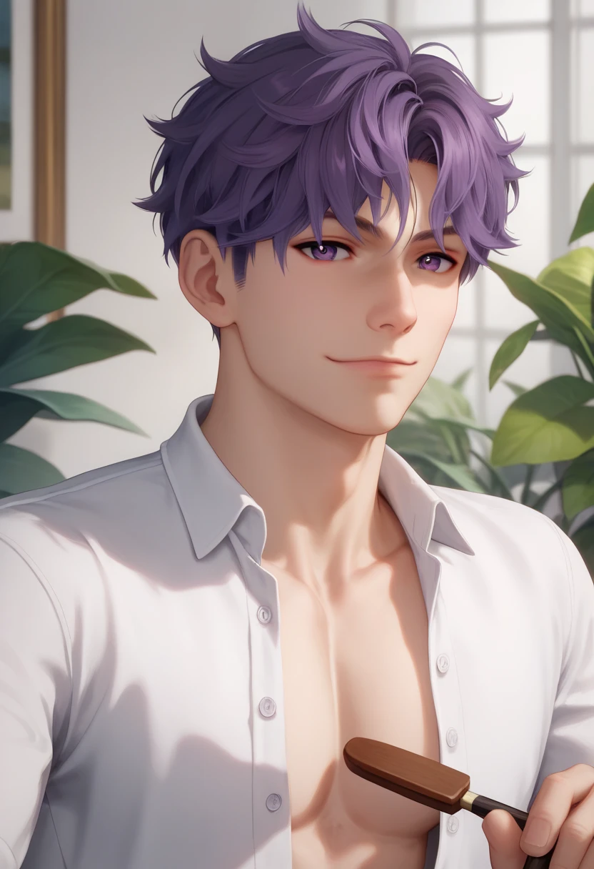 1 man, solo, male focus, Raphael lnds, purple hair, lush eyelashes, long eyelashes, purple eyes, short hair, hair between the eyes, bangs, waist-length pattern, white shirt with cleavage in the chest area, unbuttoned shirt, looks at the viewer, face to the viewer, confused man, red cheeks, a man smiling sweetly, closed mouth, against the background of a painting studio, a brush mark on a man's cheek, facing the viewer, cinematic lighting is a real masterpiece of the highest quality