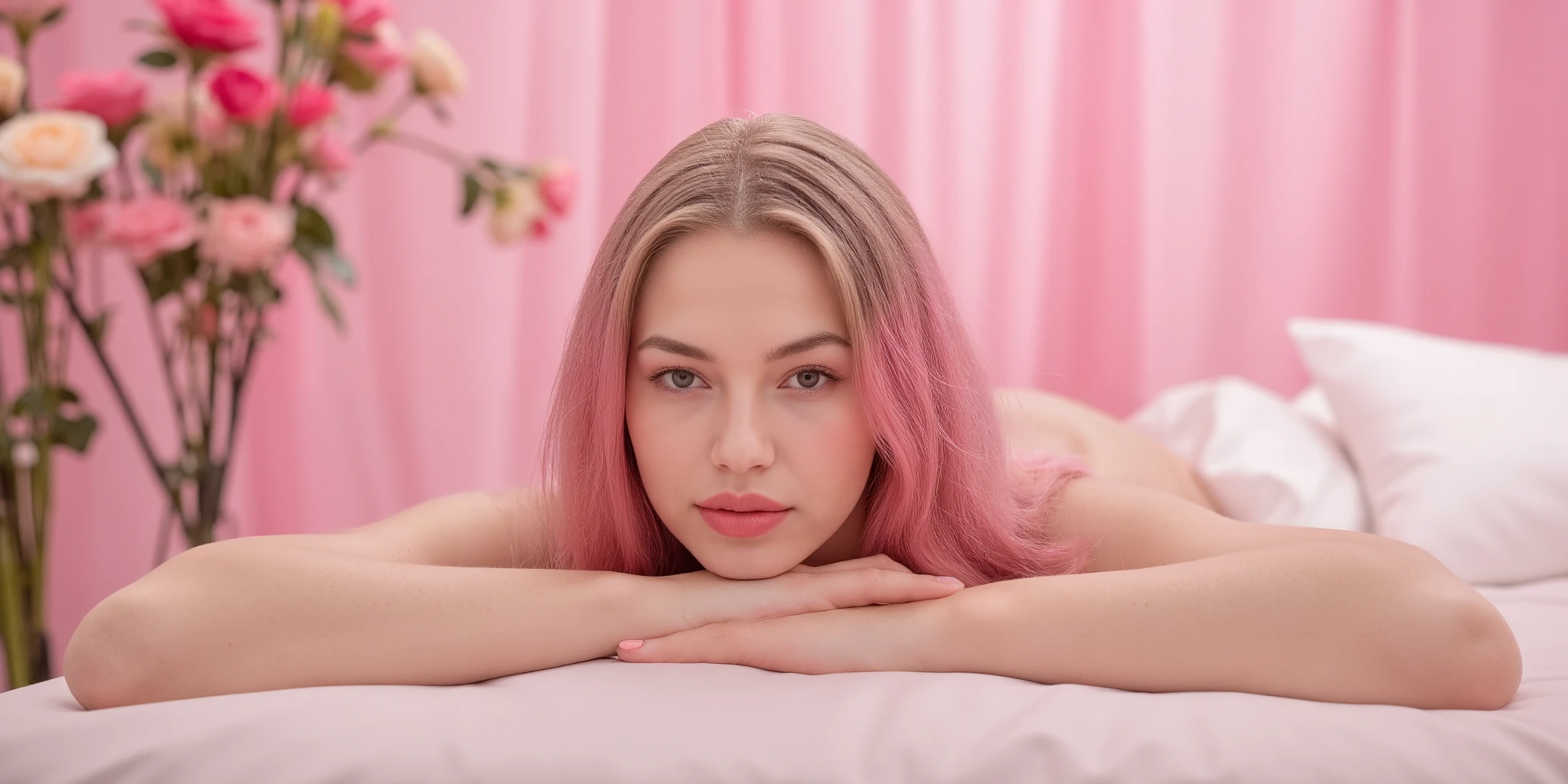 there is a woman laying on a bed with pink flowers, pink girl, belle delphine, soft light 4 k in pink, cute girl with short pink hair, pink hair, some pink, long pink hair, pink skin, with pink hair, rose hair, long flowing pink hair, flowing pink hair, pink hue, in style of petra collins