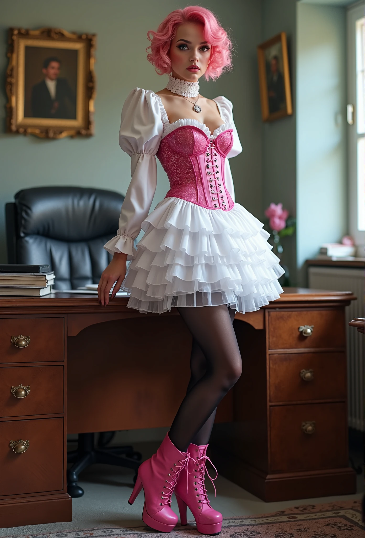 1girl,detailed face, Detailed body, the perfect body, perfect arms, perfect foots, Ultra High detail , woman in latex maid cosplay, latex thigh high