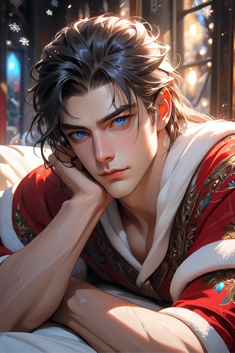 (((masterpiece))), (8k), (pseudo realism), (intricate details), (full focus), 1male, muscular (1.6), bright blue eyes with shining highlights, long and dark hair, pale glow on hair, fair skin, santa claus outfit with sleeves rolled up to elbows, living room background, soft light focus, soft gaze, realistic, snowflakes floating around, view from torso, sitting on a black sofa armrest, (EyesHD: 1.5), (masterpiece), (best quality), (ultra-detailed), (very aesthetic), (sharp focus), (depth of field), (vibrant colors), (ray tracing), (best lighting), detailed illustration), (detailed background), 8k, (cinematic), (beautiful face), (beautiful eyes), realistic facial features, detailed features, realistic features, defined features, detailed hair, semi-realistic style, semi-realistic, attractive features, masculine, dark colors, dark lighting, painted style, detailed style