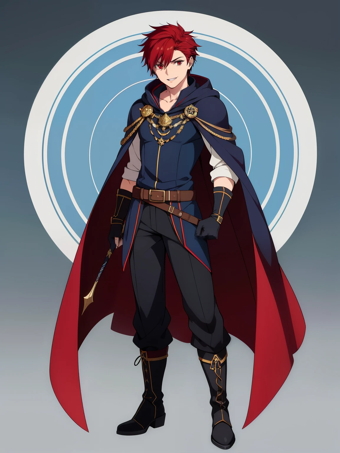 (high-quality, breathtaking),(expressive eyes, perfect face) 1male, boy , solo, young adult, short hair length, spiked hair, red hair color, red eye color, blue hooded cape, hood up, grey background, symmetrical eyes, full body, portrait, symmetrical body, centred composition, gloves, boots, fantasy attire, mage profession, fire emblem, smile, positive expression, blue and white robe, black under shirt, black baggy pants
