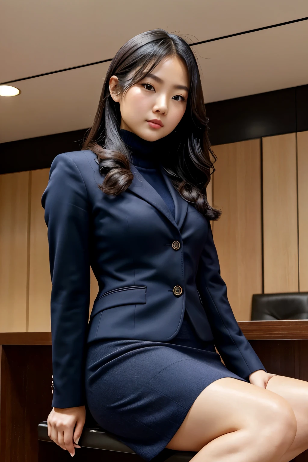  A composition that captures the whole body（from below:1.5）、  young Japanese female consultant   、   dark blue business suit setup （   NAVY BLUE JACKET 、Grey High Neck Knit  、  navy blue pencil skirt、 black stockings）、Arrogant look（anger、Glare、Arrogant Gaze、  single eyelid、big, Narrow eyes、  brown eyes 、 thick,   plump lips  、 Natural Cosmetics ）、Cheeky、  black hair、baby face、 baby face、  It's a clean and quiet atmosphere  , 、   happy to let men obey  、 intelligent 、 talented young female consultants  、  confident demeanor, Attitude looking from above 、Cold Stare、 dominitox , Female superiority , Foot worship, Beautiful legs with perfect shape、  wearing pumps with straps  （from below:1.5）、   pointing and scolding male employees  （from below:1.5）、